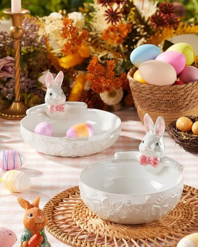 White 8-Inch Easter Bunny Candy Bowl - Shallow Ceramic Dish, 28 Oz