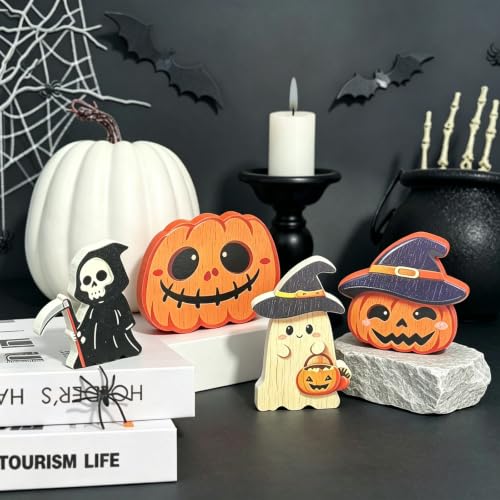Halloween Wooden Decorations Set - Ghost Pumpkin Witch - 4 pcs, Indoor Festive Decor - Pumpkin Variation