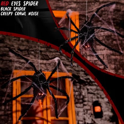 Halloween Animatronics Floating Hanging Spider - Sound Activated with Creepy Light-Up Eyes - Indoor Outdoor Haunted House Decor - Variation: Hanging Spider
