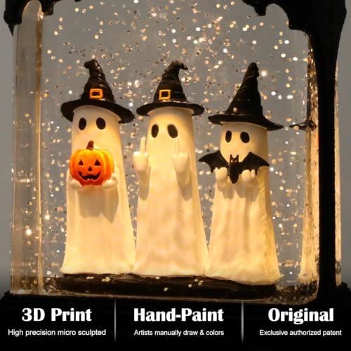 Halloween Ghost Snow Globe Lantern - Hand-Painted Indoor Halloween Decorations - Spooky Glitter Globe with Timer & USB Power - Variation of This Listing