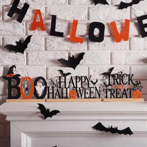 Halloween Metal Sign Set - Happy Halloween Boo Trick or Treat with Wooden Bases - 3 Pieces - Halloween Variation