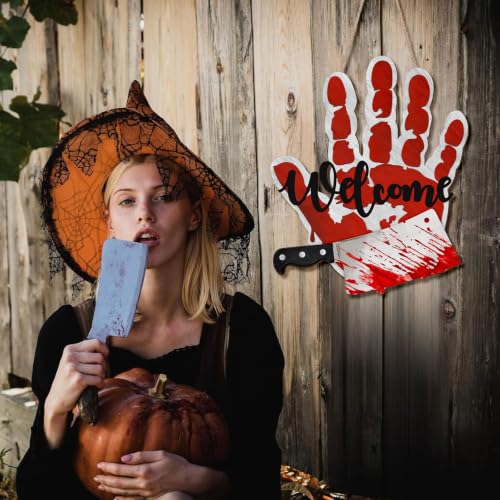 Halloween Bloody Handprint Welcome Sign for Front Door Horror Knife Decor