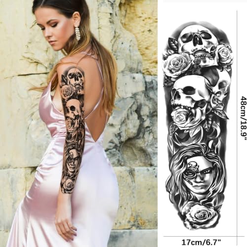 Full Arm Skull Flower Temporary Tattoo Sleeve for Women – 4 Sheets | Variation: Skull