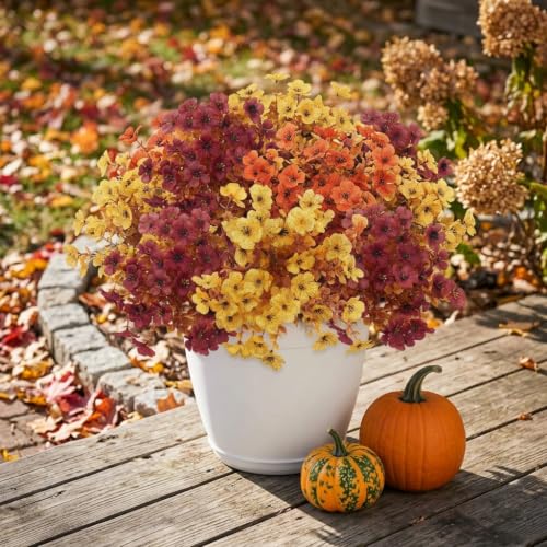 Artificial Fall Flowers Set - 12 Lifelike Daisies & Eucalyptus for Outdoor Porch Decor - Orange Brown Yellow Variation