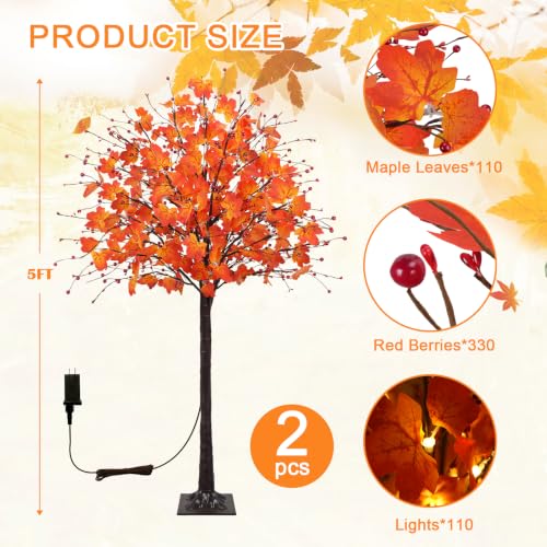 VirtuGro 2 Pack 5FT Lighted Maple Trees with 220LEDs, Remote & Timer - Fall Decor