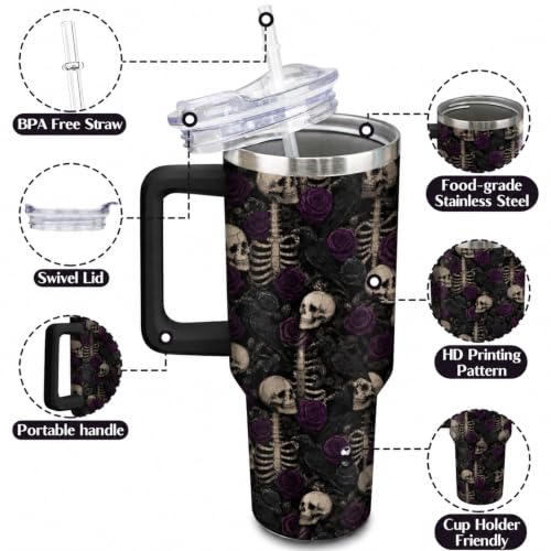 Purple Skull Halloween Tumbler 40oz Insulated Stainless Steel with Handle & Straw