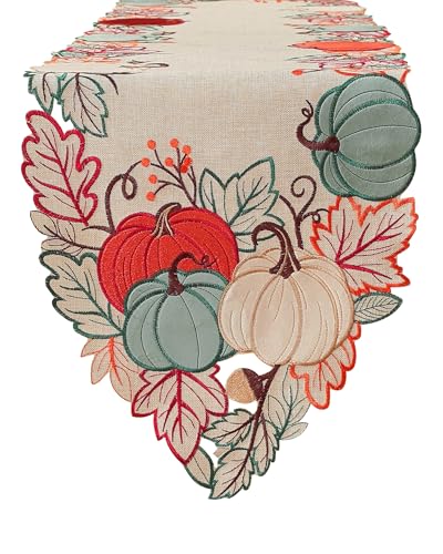 Fall Table Runner with Embroidered Velvet Pumpkins & Maple Leaves - 36 Inch Thanksgiving Decor - Pumpkins & Maple Leaf Variation