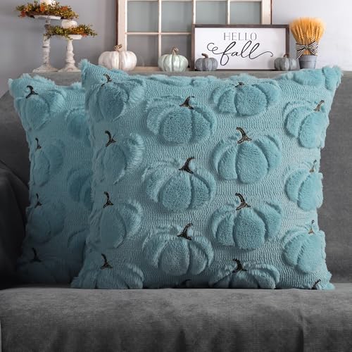 Light Blue Fall Pillow Covers 18x18 Set of 2 Decorative Pumpkin Accent