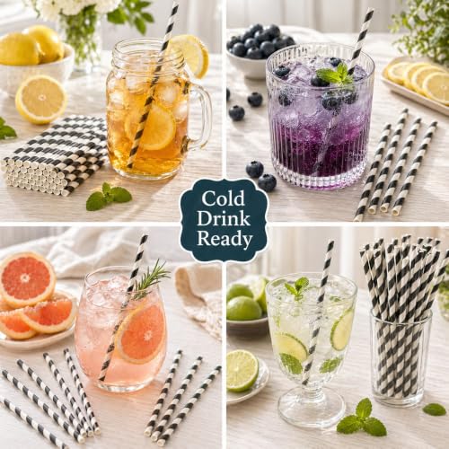 Black Striped Paper Drinking Straws - 100 Pack for Weddings & Parties