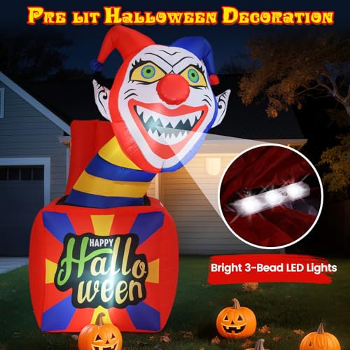 Halloween Inflatable Clown with LED Lights - 5 Ft Blow Up Yard Decoration with Ground Stakes, Indoor & Outdoor Use - Variation: Clown Box