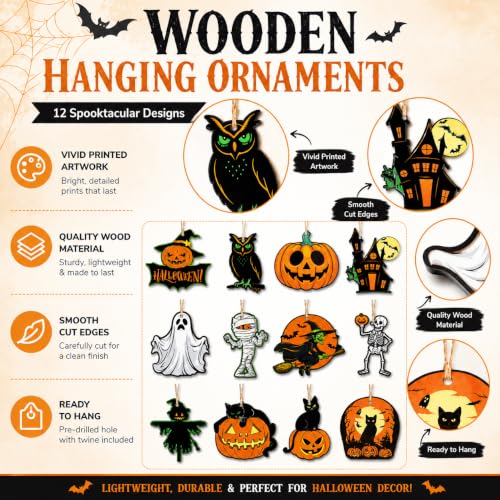Wooden Halloween Hanging Decorations Set - Rustic Wreath Ornaments for Front Door, Window & Wall