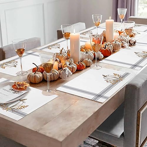 Gray 6-Piece Fall Thanksgiving Placemats with White Pumpkin Leaf Design - Cotton Linen Washable Table Mats