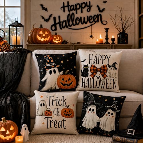 Black Halloween Pillow Covers 20x20 Set of 4 - Spooky Fall Decor