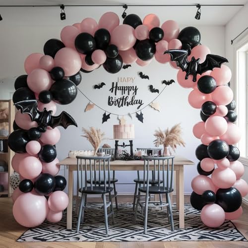 Pink Black Silver Bat Balloons Set - Halloween Latex Party Decorations - Variation: Pink Black Silver