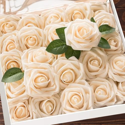 Artificial Roses for Wedding Bouquets - Champagne, 50 Stems - Realistic Fake Flowers for Decor & DIY Arrangements