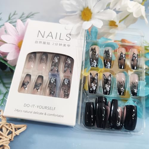Square Black Butterfly Press On Nails with White Flower Design - Medium Coffin Fake Nails for Manicure