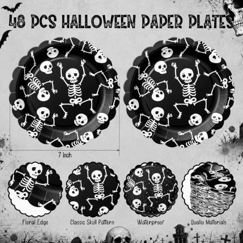 Halloween Skeleton Plates and Napkins Set - Black for 48 Guests