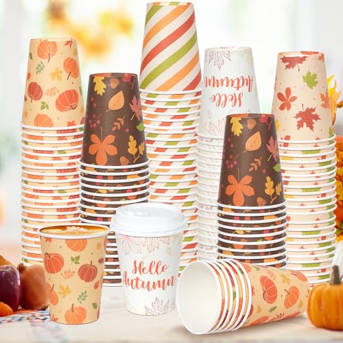 100pcs Fall Coffee Cups with Lids 12oz Disposable Pumpkin Maple Leaves Set - Thanksgiving Party Supplies