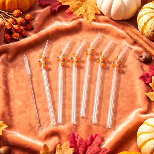 Fall Pumpkin Glass Drinking Straws - 6 Pack, Reusable Halloween Thanksgiving