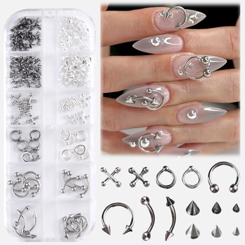 Nail Piercing Charms Set Silver Black 2 - Punk Gothic Nail Art Decorations