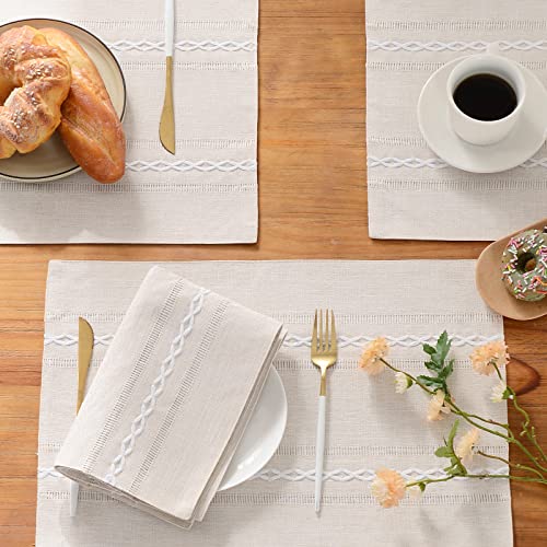 Hemstitched Ivory Cotton Linen Placemats Set of 8 - Embroidered Table Decor