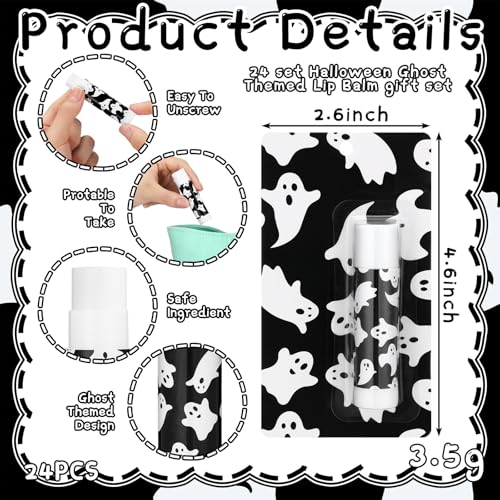 Halloween Ghost Lip Balm Set - Black, Moisturizing Lip Care, 24 Pcs