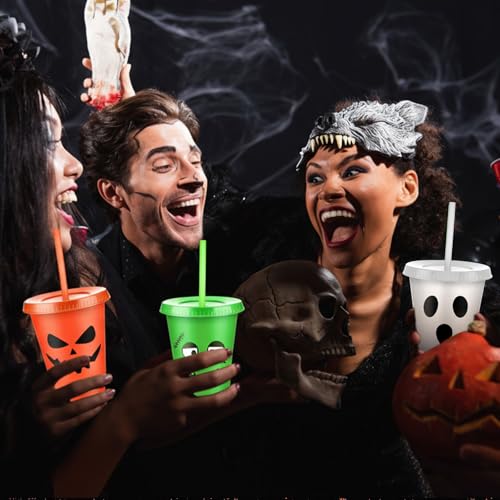 Reusable Halloween Plastic Cups with Lids & Straws - 16 oz Party Set