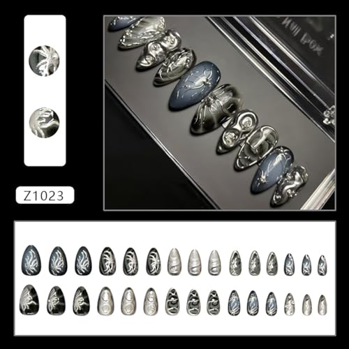 Goth Press On Nails 30Pcs Medium Almond Fake Nails Glitter Silver Alloy 3D Chrome Design - Variation of Goth Fake Nails-4