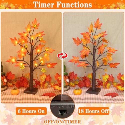 24 Inch Fall Maples Tree Decor Set - 2 Pack Prelit Autumn Trees with LED Lights