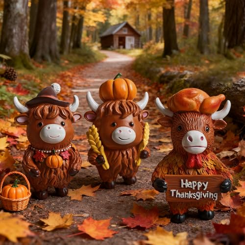 Thanksgiving Highland Cow Figurines - 3 Piece Resin Farmhouse Decor Set
