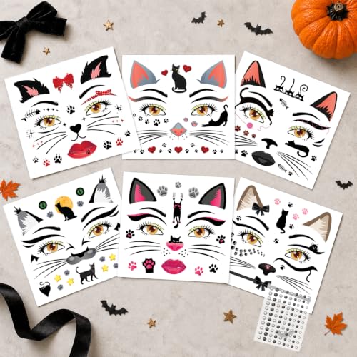 Cat Face Tattoos for Women & Girls - 6 Sheets with Paw Ears & Whiskers - Variation: Cat