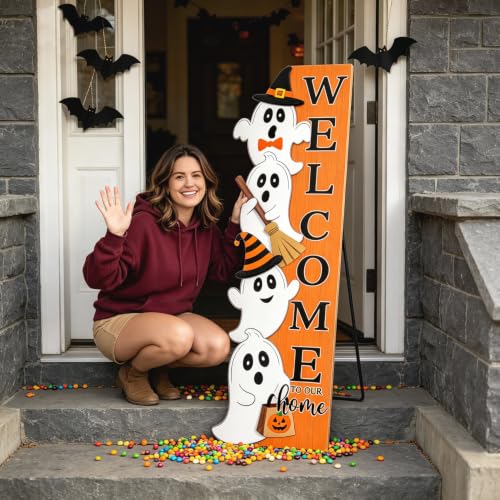 Halloween Welcome Sign for Front Door Ghost & Colorful Pumpkin - 41.3" x 12.6"