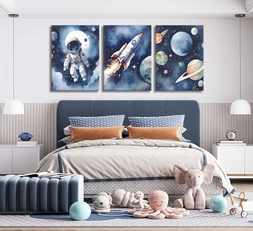 Nursery Space Wall Art - Astronaut Space Posters for Boys Room, 12x16 Blue Canvas Set of 3