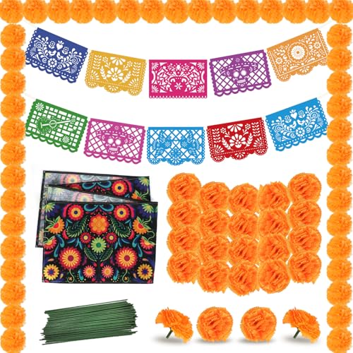 Day of the Dead Decor Set with Marigolds and Banner - Yellow - Mexican Party Supplies