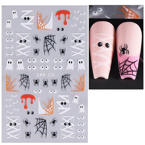 Halloween Nail Stickers 4 Sheets 5D Embossed Decals Spider Web Pumpkin Ghost Mummy Colorful-7