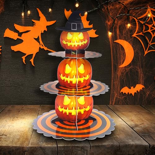 Halloween Pumpkin Cupcake Stand 3-Tier Tower for Dessert Table - Orange Cardboard, Style 1
