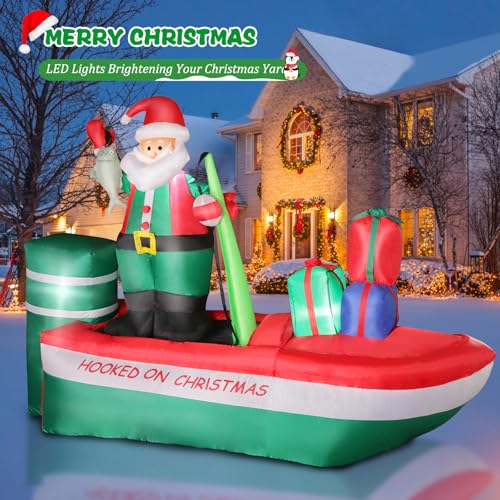 8 Ft Inflatable Christmas Santa Fishing on Boat with Built-in Lights - Outdoor Holiday Yard Decor