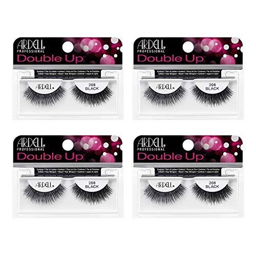 Dramatic Volume False Eyelashes Double Up 208 - Black, Full Strip, Flared & Thick, 4 Pack