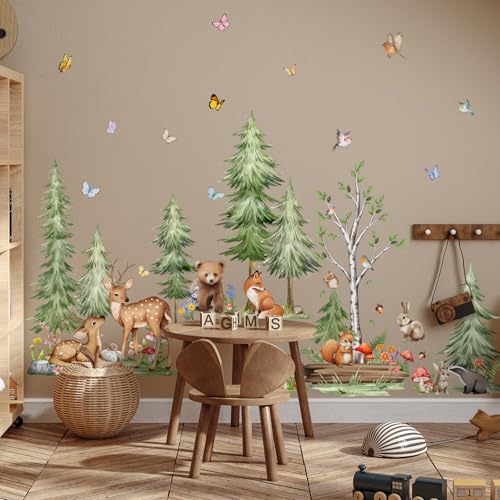 Woodland Tree Fall Pine Tree Wall Stickers with Forest Animals - Removable Home Decor