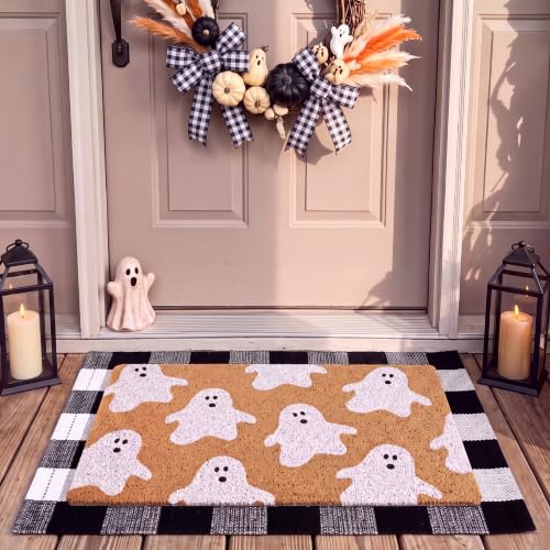 Halloween Ghost Welcome Doormat with Black and White Buffalo Plaid Set - Non-Slip Indoor Outdoor Decor