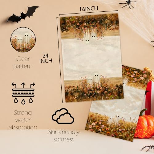 Ghost10 Halloween Ghost Floral Kitchen Towels Set of 2 - Rustic Autumn Dishcloths
