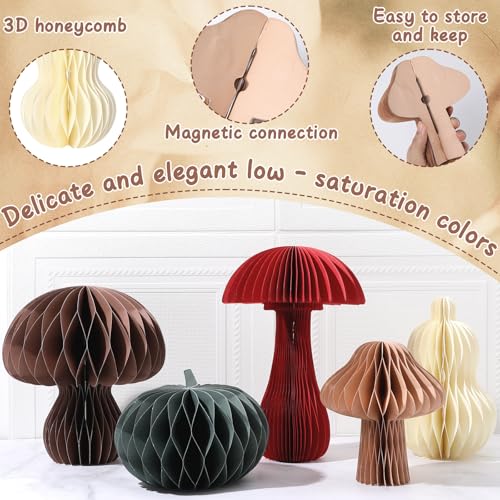 Fall Honeycomb Pumpkin & Mushroom Centerpieces Decor Set - 6 Pieces for Thanksgiving