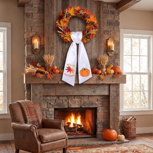Fall Wreath Sash Set - White and Pumpkin Autumn Front Door Decor, 2 Pieces