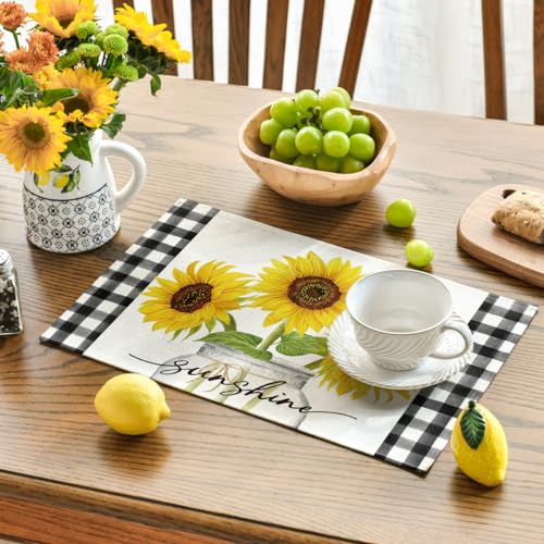 12x18 Inch Buffalo Plaid Sunflower Table Placemats Set of 4 Beige Summer Decor