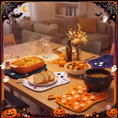 Halloween Ghost Pot Holders Set for Kitchen - Cute Oven Hot Pads, 4-Pack