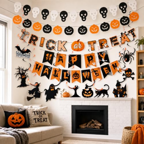 Orange Halloween Decorations Kit with Banners & Swirls - Spooky Party Supplies