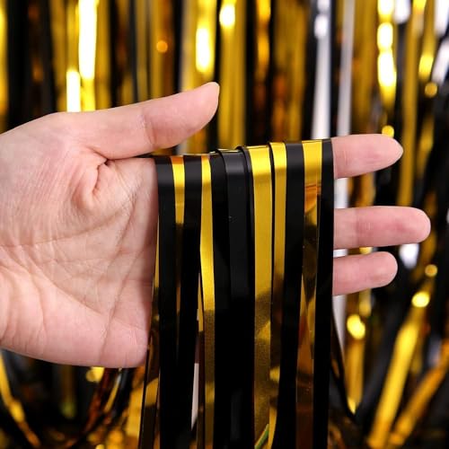 Black & Gold Foil Curtain Decoration Set - 2 Pack, 3.3ft x 8.2ft Party Streamers