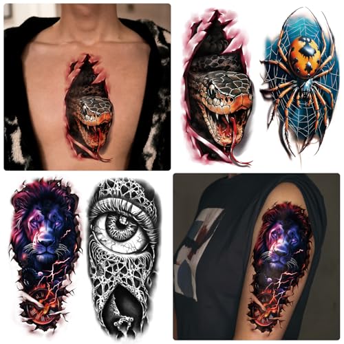 3D Realistic Temporary Tattoos Set for Adults & Kids - Skull, Lion, Tiger, Wolf, Dragon, Spider, Snake, Halloween & Party Designs - Variation: 3D
