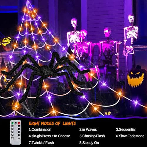 Halloween Spider Web Lights with Remote Control & Giant Spider - Outdoor Indoor Decor