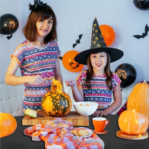 Eunika Halloween 12pcs Round Plastic Tablecloths - Black, Purple & Orange, 84 Inch